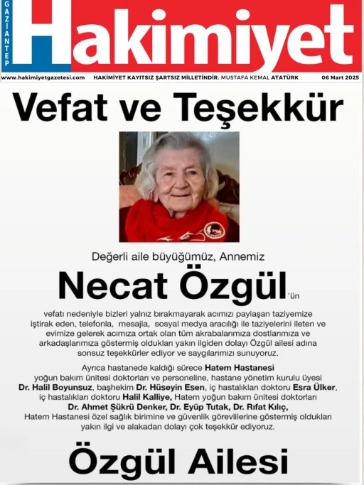 Necat Özgül’ün Vefatı Sonrası Ailesinden Teşekkür Mesajı